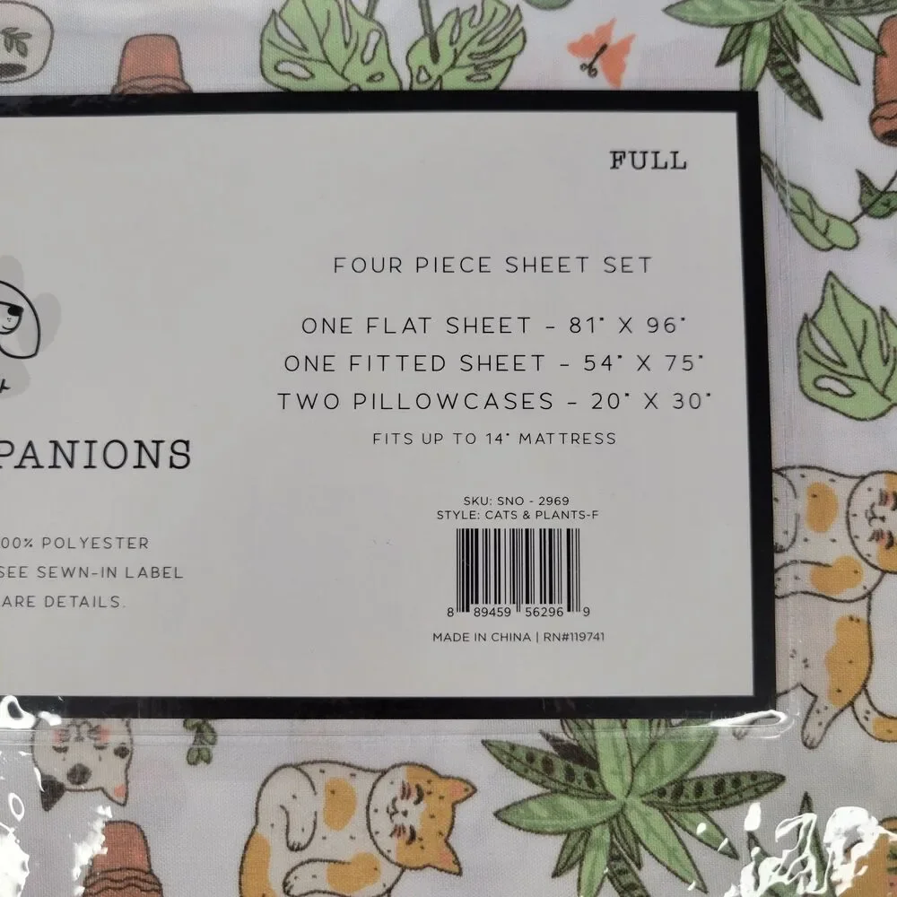 Cats Plants 4pc FULL Sheet Set Calico Orange Tabby Fern Aloe Monstera Succulents